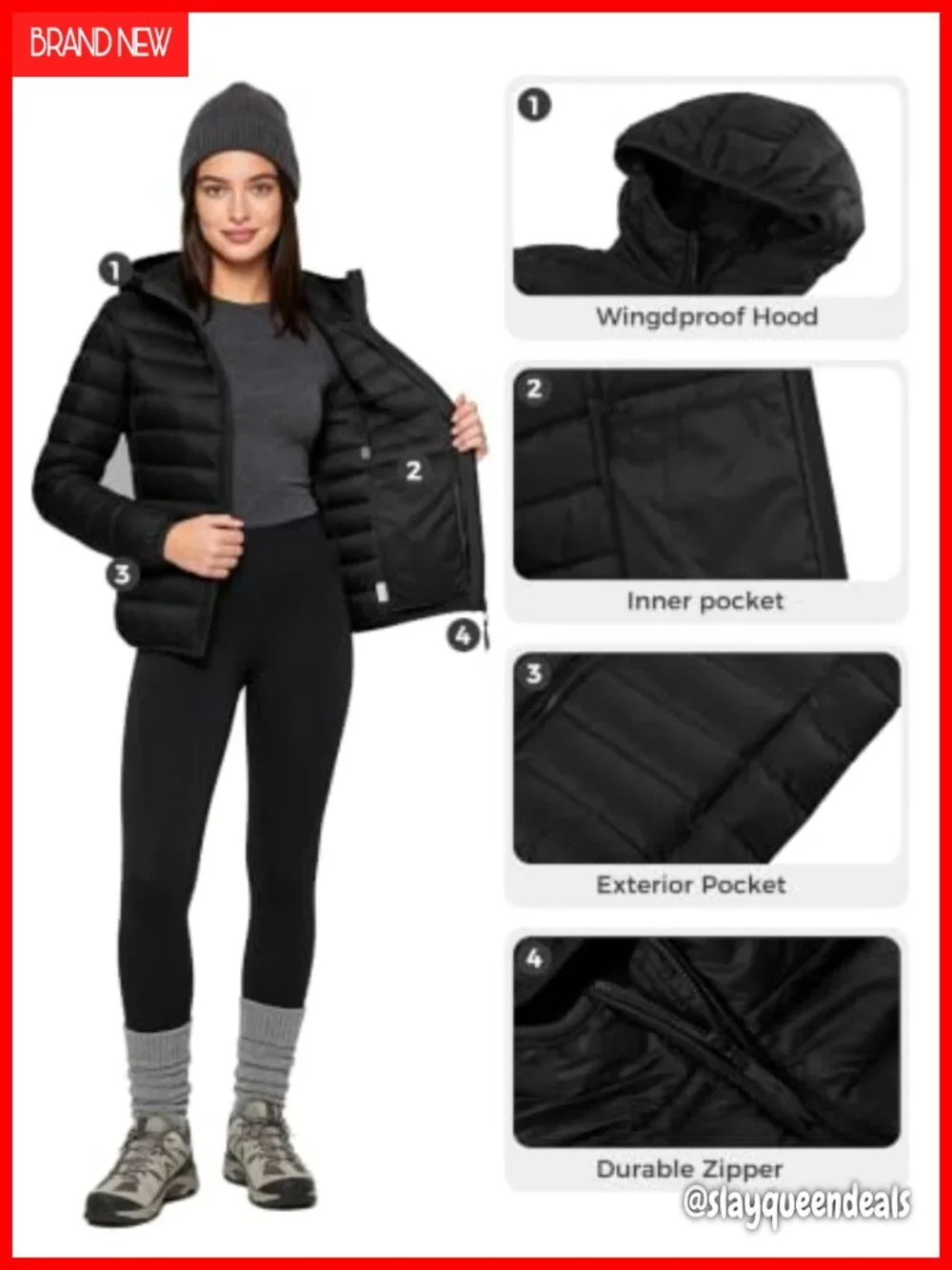 Lightweight Packable Down Puffer Jacket Hooded Quilted Winter Coat Long Sleeve